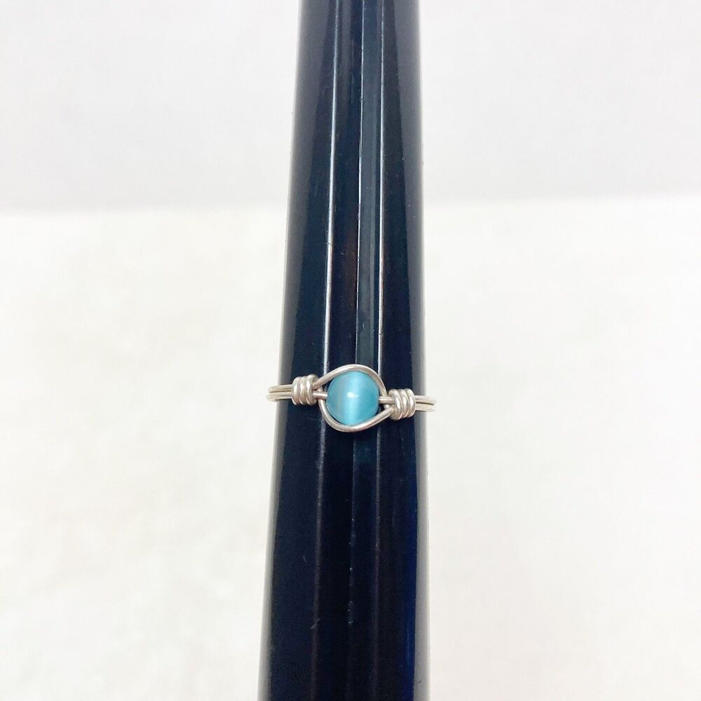 silver tone and blue glass bead handmade ring size 7 artisan